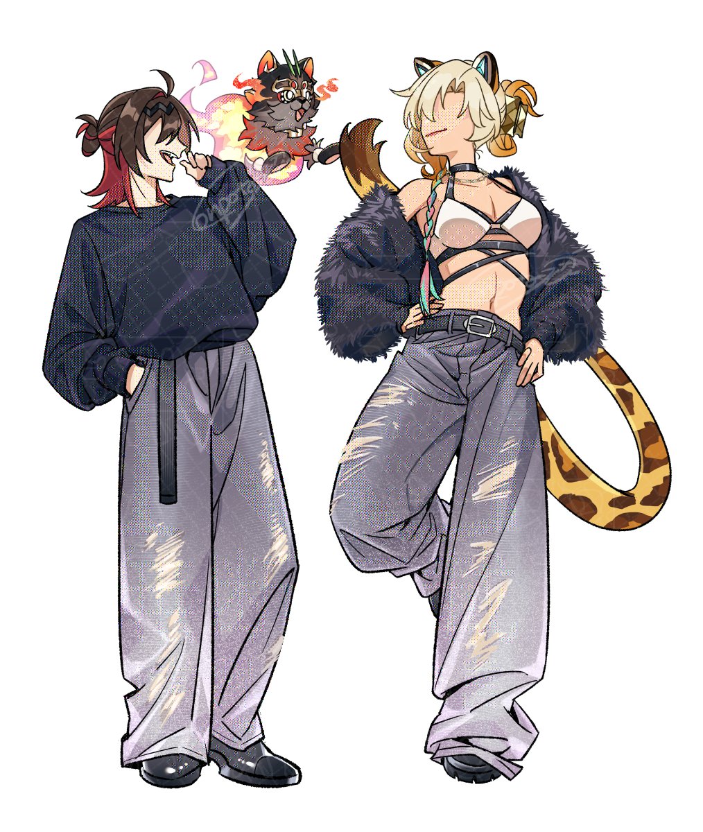 1boy, 1girl, alternate_costume, animal_ears, bare_shoulders, black_footwear, black_jacket, black_shirt, blonde_hair, breasts, brown_hair, con_potata, faceless, fur-trimmed_jacket, fur_trim, gaming_(genshin_impact), genshin_impact, grey_pants, hair_between_eyes, highres, jacket, jaguar_ears, jaguar_girl, jaguar_tail, long_hair, long_sleeves, man_chai_(genshin_impact), medium_breasts, midriff, multicolored_hair, navel, open_mouth, pants, red_hair, shirt, shoes, smile, stomach, tail, white_background, xilonen_(genshin_impact)