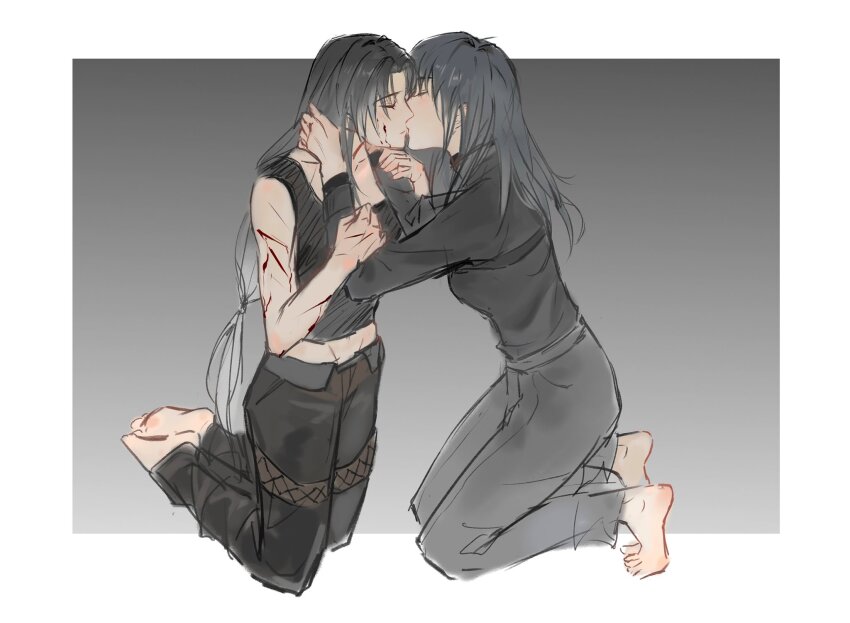 2girls, angell_(path_to_nowhere), barefoot, black_pants, black_shirt, black_tank_top, blood, blood_on_face, border, chief_(path_to_nowhere), chinese_commentary, closed_eyes, closed_mouth, commentary_request, dong_feng_feng, female_chief_(path_to_nowhere), gradient_background, grey_background, grey_hair, grey_pants, hand_on_another's_neck, highres, holding_another's_wrist, kiss, long_hair, long_sleeves, multiple_girls, outside_border, pants, path_to_nowhere, shirt, tank_top, white_border, yuri