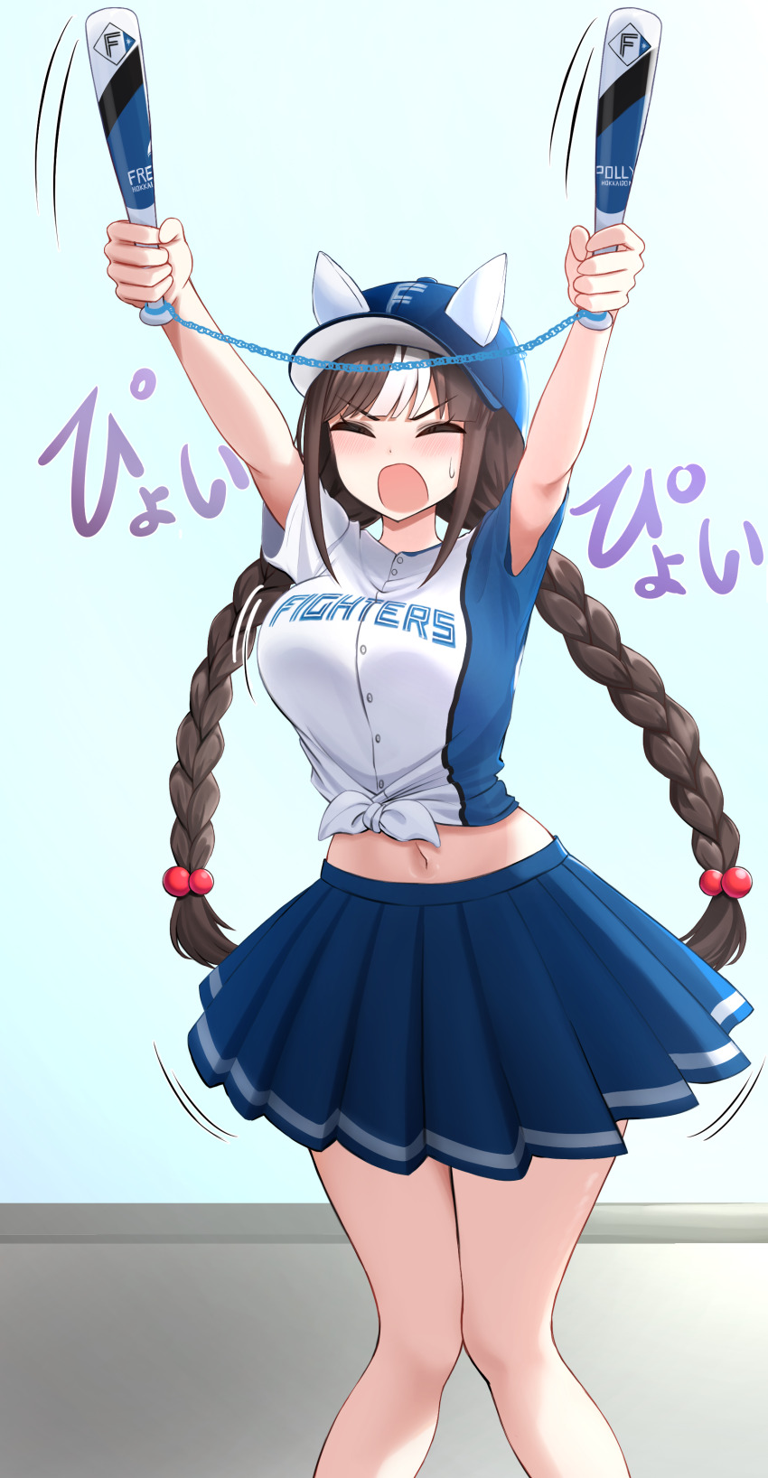 absurdres, alternate_costume, arms_up, baseball, blush, bouncing_breasts, braid, breasts