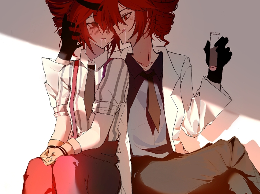 2girls, after_kiss, alternate_costume, black_gloves, black_necktie, black_pants, black_shirt, blush