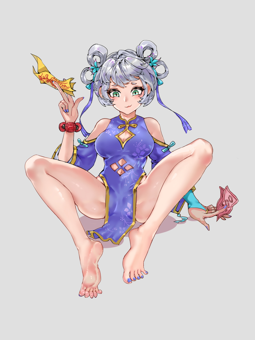 1girl, absurdres, barefoot, breasts, chinese_clothes, cleavage, feet, green_eyes