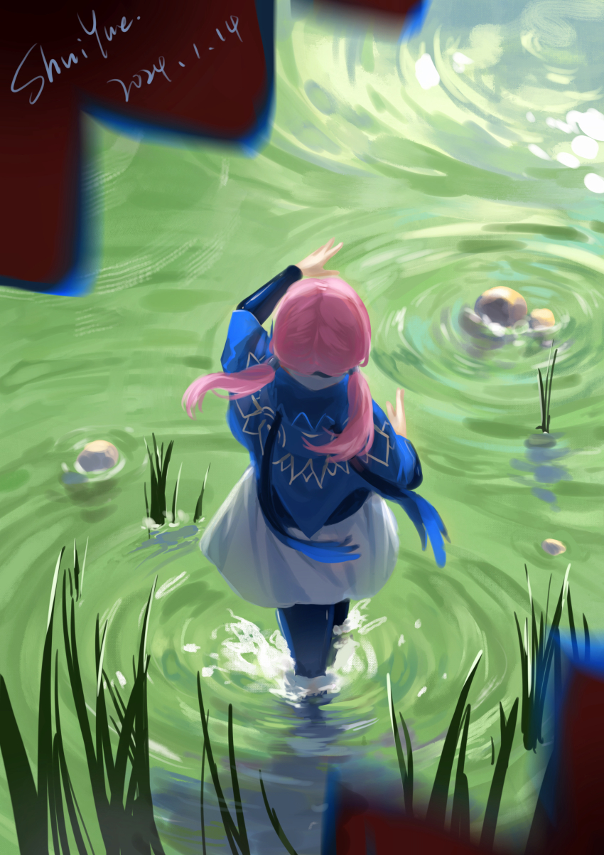 1girl, absurdres, blue_jacket, blue_pantyhose, dated, day, dress, floating_clothes