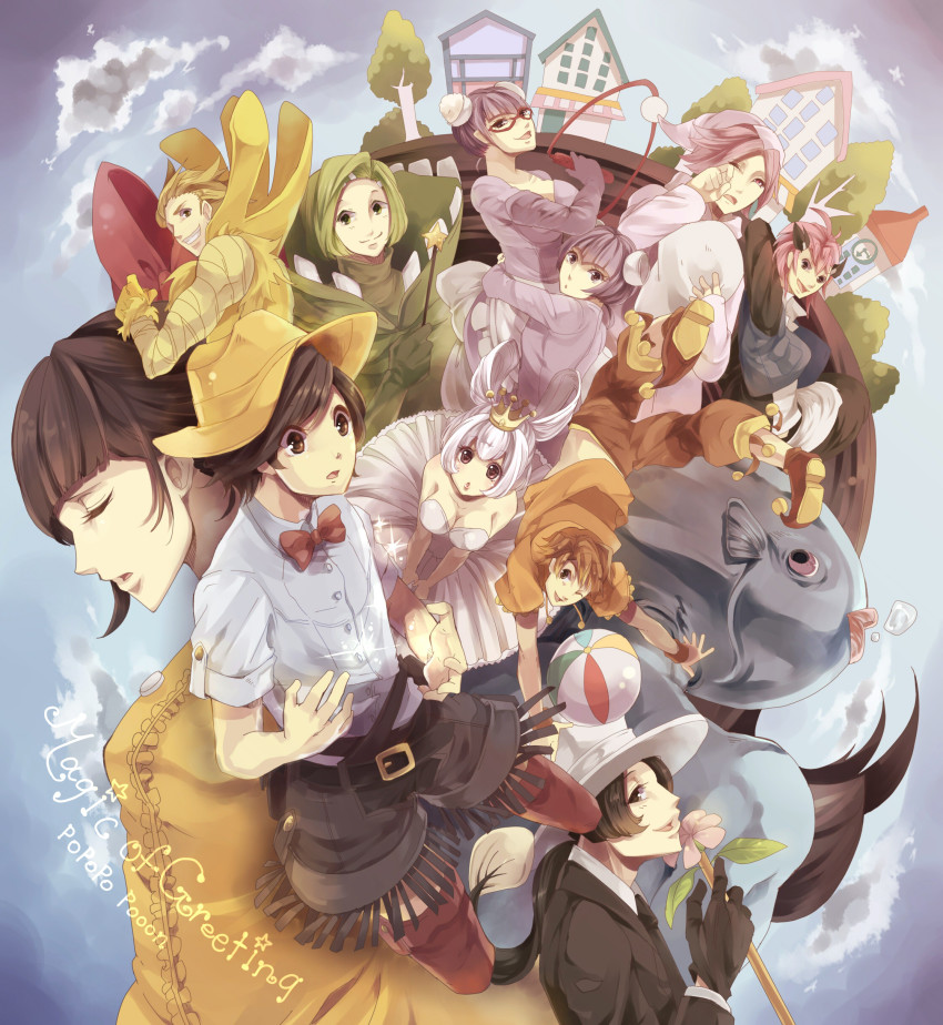 4girls, 6+boys, absurdres, ac_japan, age_difference, aisatsu_boy, aisatsu_girl, apron, arigato_usagi, ball, beachball, belt, black_eyes, blonde_hair, bow, bowtie, breasts, brown_eyes, brown_hair, cane, cleavage, closed_eyes, cowboy_hat, cowboy_western, crown, fish, formal_clothes, fringe_trim, glasses, gloves, gochisousa_mouse, green_eyes, green_hair, grin, hainegom, hair_bow, hat, highres, hug, itadaki_mouse, ittekima_skunk, janis_(hainegom), konban_wani, konnichi_wan, large_breasts, medium_breasts, mother_and_child, mother_and_daughter, multiple_boys, multiple_girls, nightcap, ocean_sunfish, ohayo_unagi, one_eye_closed, oyasumina_sai, pajamas, parent_and_child, personification, pillow, pink_eyes, pink_hair, pointy_shoes, purple_hair, rubbing_eyes, sayona_lion, shoes, shorst, short_hair, shorts, smile, suit, tadai_manbou, top_hat, traditional_bowtie, tutu, twintails, waist_apron, wand, whip, white_hair, wink, wristband