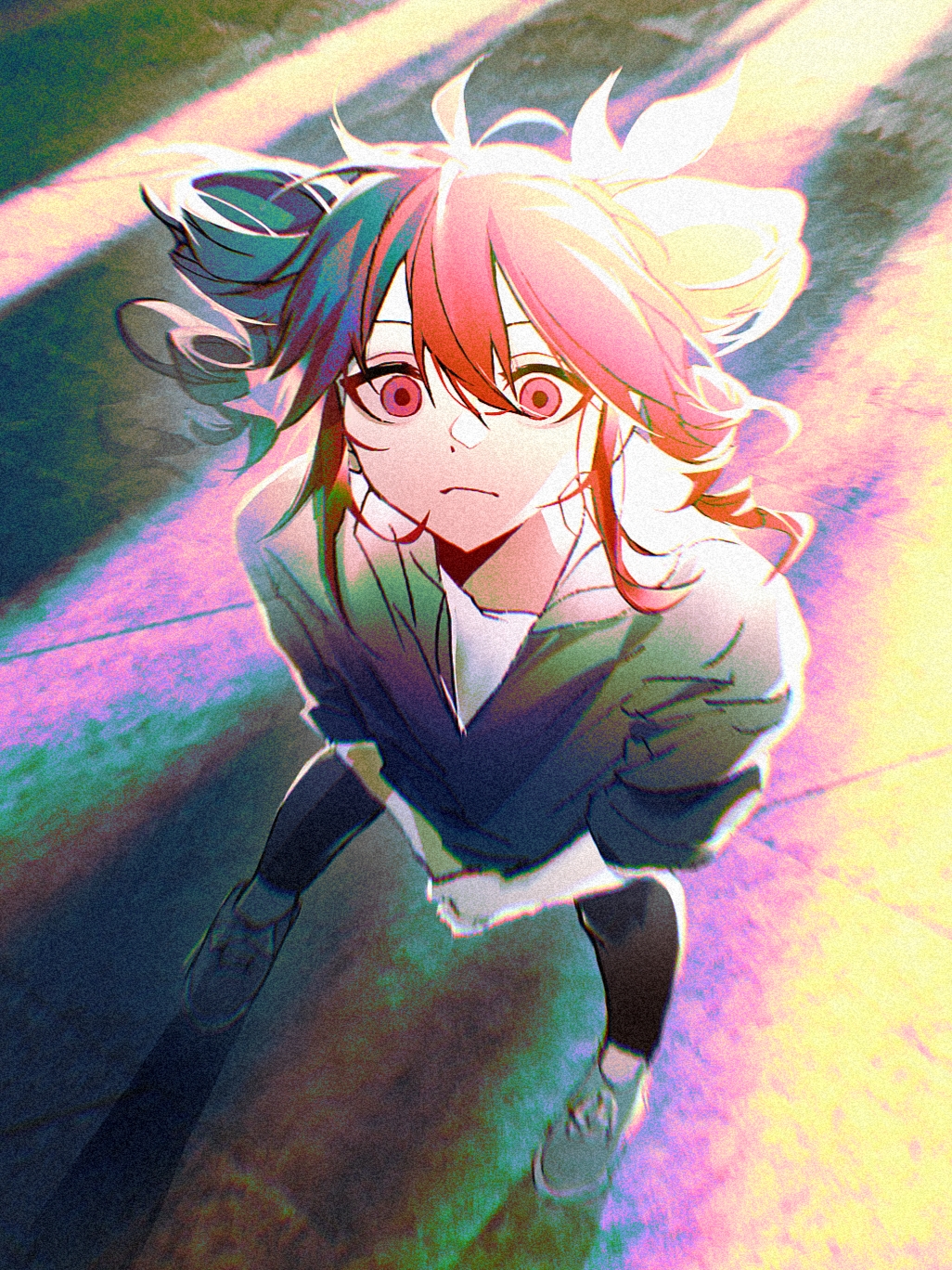 1girl, alternate_costume, antenna_hair, black_pants, closed_mouth, double-parted_bangs, drill_hair, grey_jacket