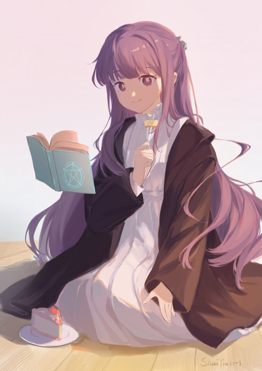 1girl, absurdres, black_robe, book, bright_pupils, cake, cake_slice, closed_mouth, commentary_request, dress, eating, fern_(sousou_no_frieren), food, fork, fruit, full_body, grimoire, hand_on_own_knee, happy, highres, holding, holding_fork, indoors, kneeling, long_dress, long_hair, long_sleeves, open_book, partial_commentary, pentagram, pink_background, plate, purple_eyes, purple_hair, reading, robe, shadow, shuiy1003, signature, sleeves_past_wrists, smile, solo, sousou_no_frieren, strawberry, telekinesis, very_long_hair, white_dress, white_pupils, wooden_floor