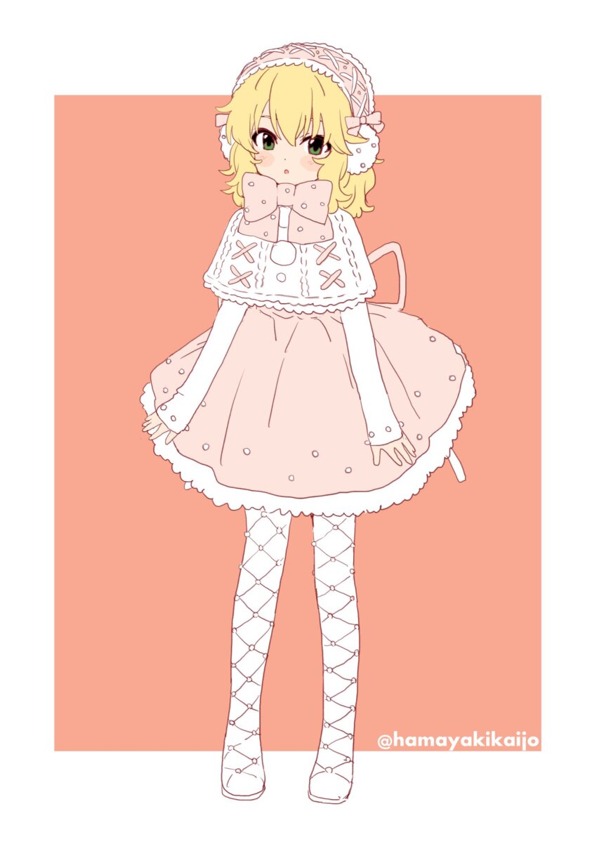 1girl, alternate_costume, blonde_hair, dress, full_body, green_eyes, hamayakikaijo, highres, idolmaster, idolmaster_cinderella_girls, orange_background, pink_dress, sakurai_momoka, solo, white_background