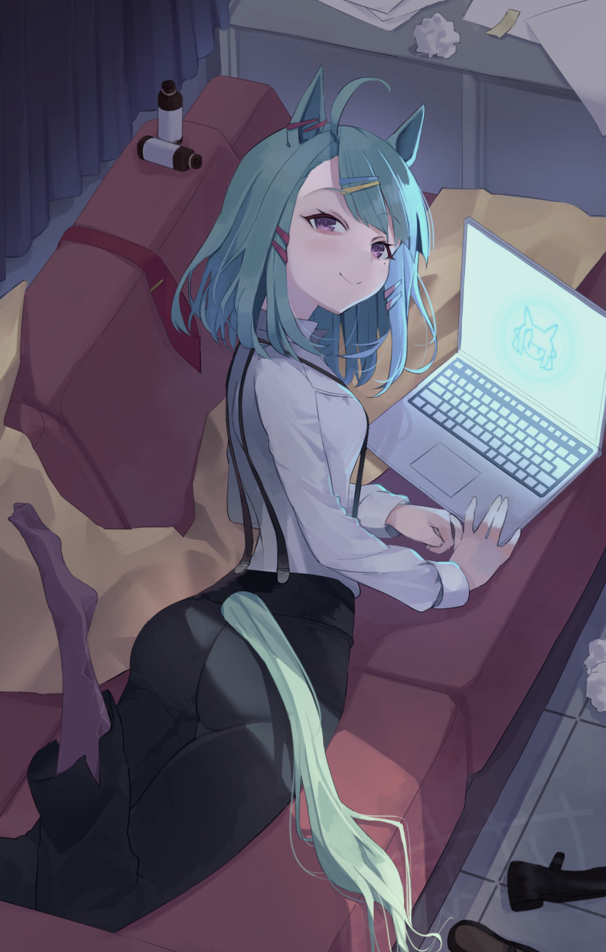 1girl, animal_ears, aqua_hair, black_pants, breasts, commentary_request, computer, crumpled_paper