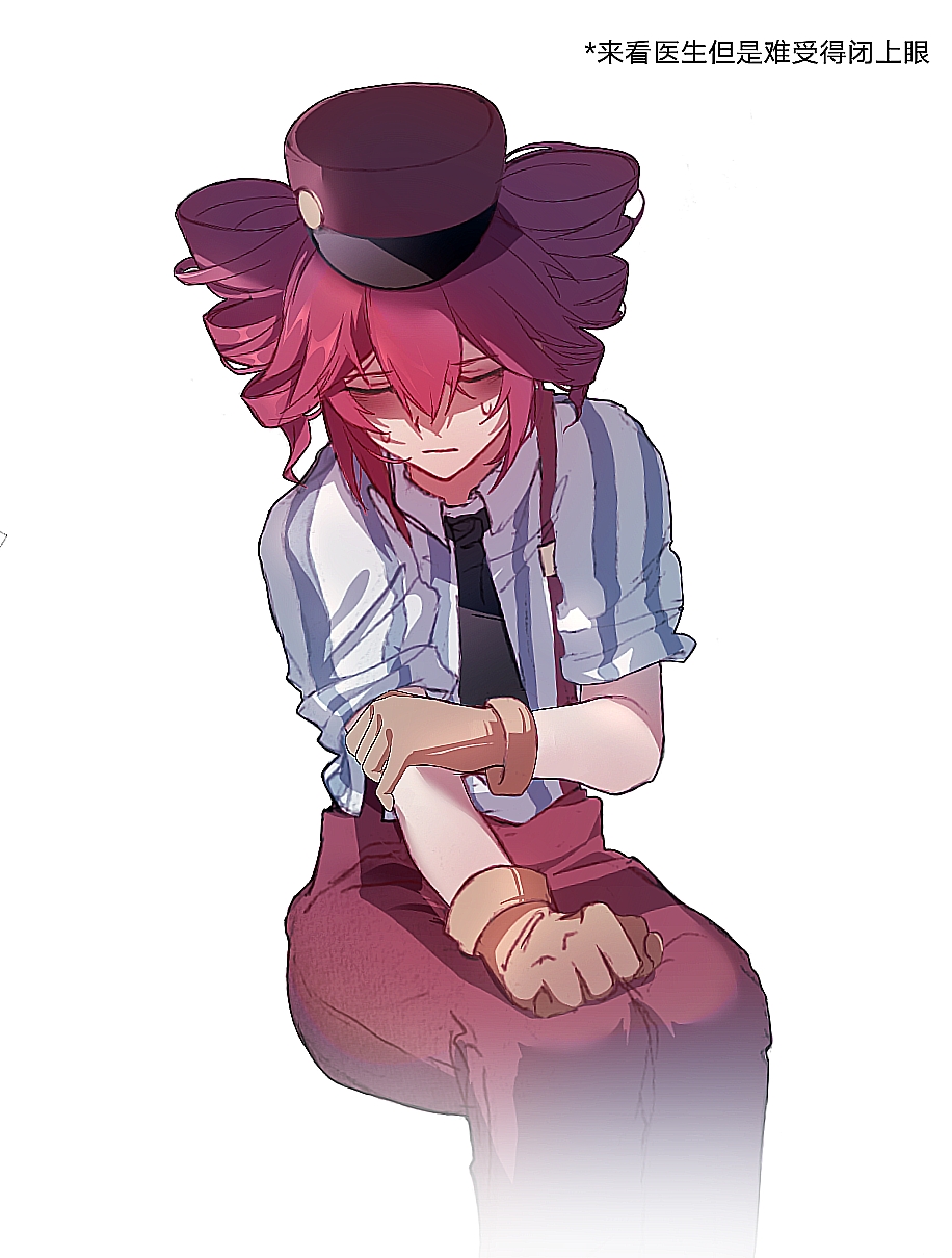 1girl, black_necktie, chinese_commentary, chinese_text, closed_eyes, closed_mouth, collared_shirt, commentary_request