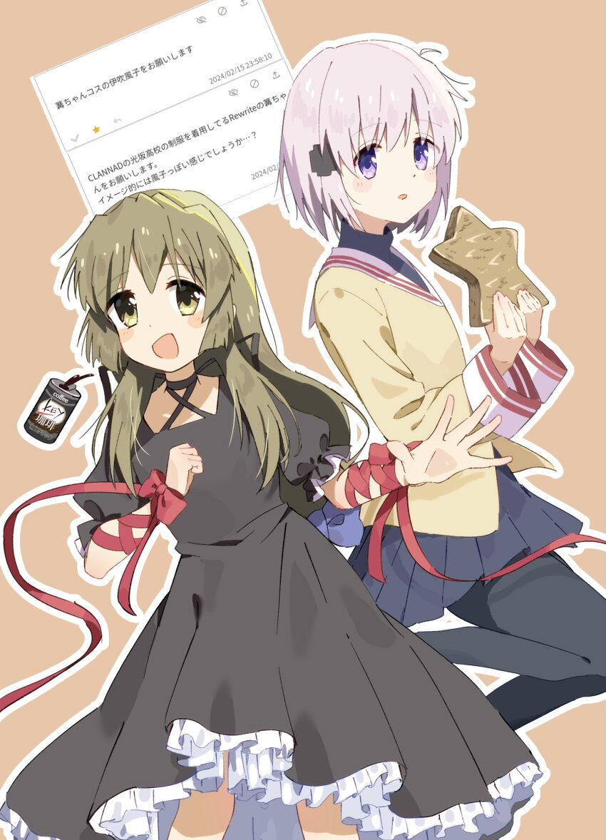 2girls, :d, arm_ribbon, back_bow, black_choker, black_dress, black_pantyhose, blazer