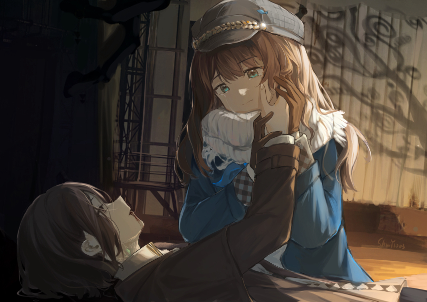 2girls, absurdres, black_jacket, black_pants, blazer, blood, blood_from_mouth, blue_eyes