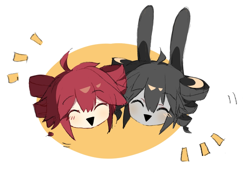 2girls, ahoge, animal_ears, black_hair, black_skin, chibi, chibi_only, closed_mouth