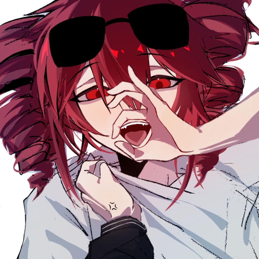 2girls, angry, double-parted_bangs, drill_hair, dual_persona, eyewear_on_head, hair_between_eyes, holding, kasane_teto, liar_dancer_(synthesizer_v), looking_at_viewer, multiple_girls, rafag, red_eyes, red_hair, sexually_suggestive, simple_background, teeth, tongue, twin_drills, ultra_trailer_(synthesizer_v), upper_teeth_only, utau, white_background