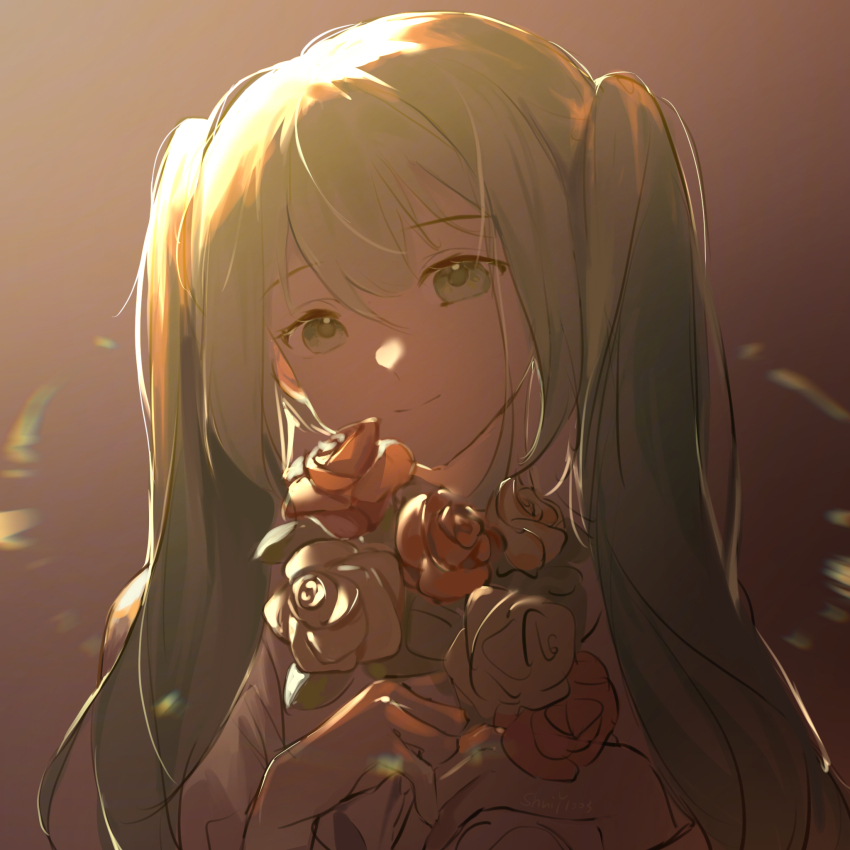 1girl, bouquet, brown_background, closed_mouth, commentary, flower, green_eyes, green_hair