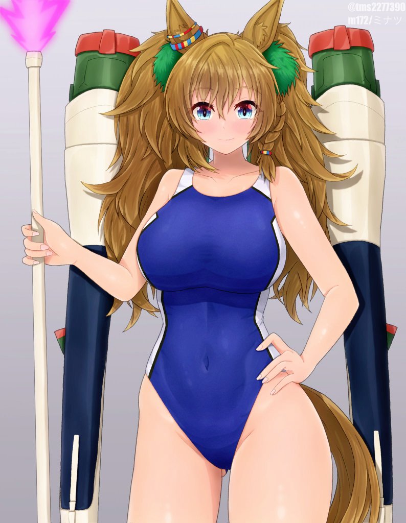 1girl, animal_ears, blast_impulse_gundam, blast_onepiece_(umamusume), blue_one-piece_swimsuit, breasts, brown_eyes, commentary_request, competition_swimsuit, covered_navel, duster, feather_duster, grey_background, gundam, gundam_seed, gundam_seed_destiny, hand_in_pocket, hand_on_own_hip, horse_ears, horse_girl, horse_tail, large_breasts, long_hair, m172/minatsu, machinery, one-piece_swimsuit, pom_pom_(clothes), simple_background, solo, swimsuit, tail, two-tone_swimsuit, umamusume