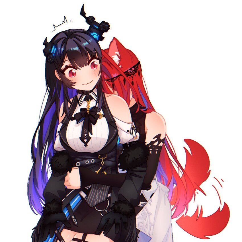 2girls, animal_ear_fluff, animal_ears, arms_around_another's_waist, asymmetrical_horns, bare_shoulders, black_hair, blue_hair