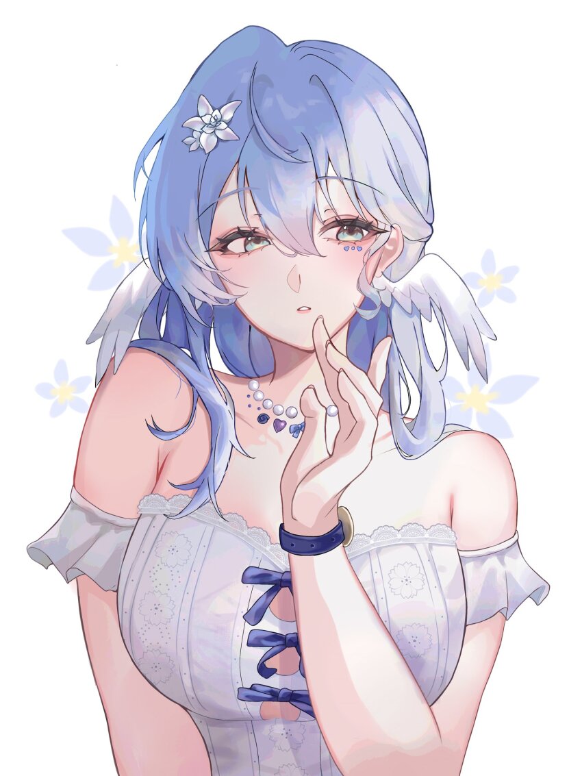 1girl, alternate_costume, bare_shoulders, blue_hair, breasts, cleavage_cutout, clothing_cutout, collarbone, dress, face_jewel, floral_background, grey_eyes, hair_between_eyes, hand_up, head_wings, highres, honkai:_star_rail, honkai_(series), jewel_under_eye, jewelry, kbnimated, large_breasts, long_hair, looking_to_the_side, necklace, off-shoulder_dress, off_shoulder, parted_lips, pearl_necklace, robin_(honkai:_star_rail), simple_background, solo, upper_body, watch, white_background, white_dress, white_wings, wings, wristwatch
