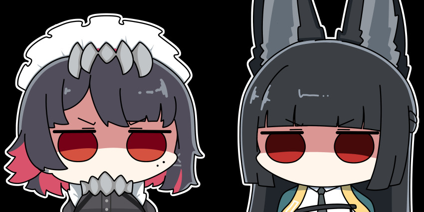 2girls, absurdres, animal_ear_fluff, animal_ears, black_background, black_hair, black_necktie, blunt_bangs