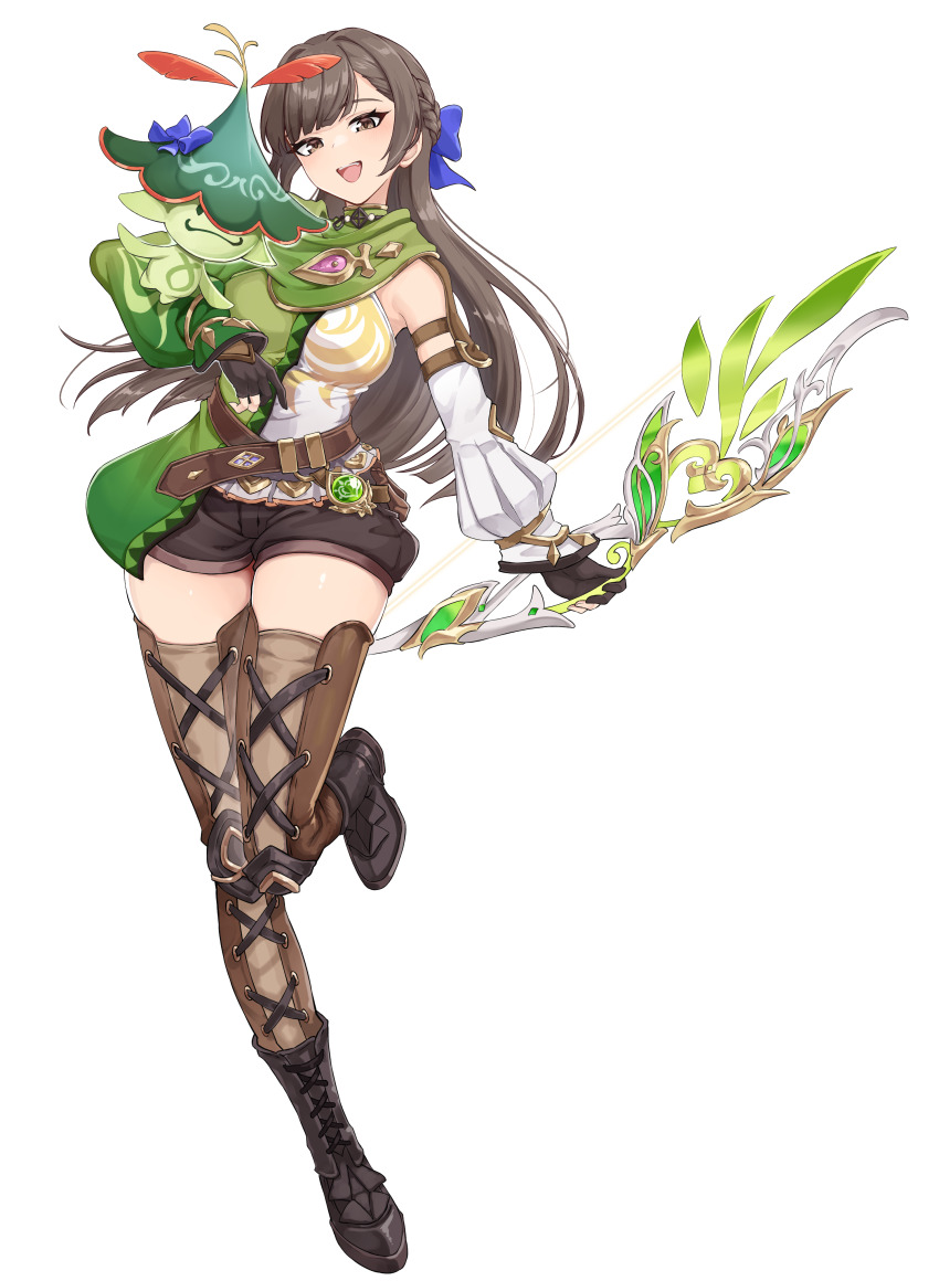 1girl, :d, absurdres, aranara_(genshin_impact), asymmetrical_sleeves, belt, black_boots, black_gloves