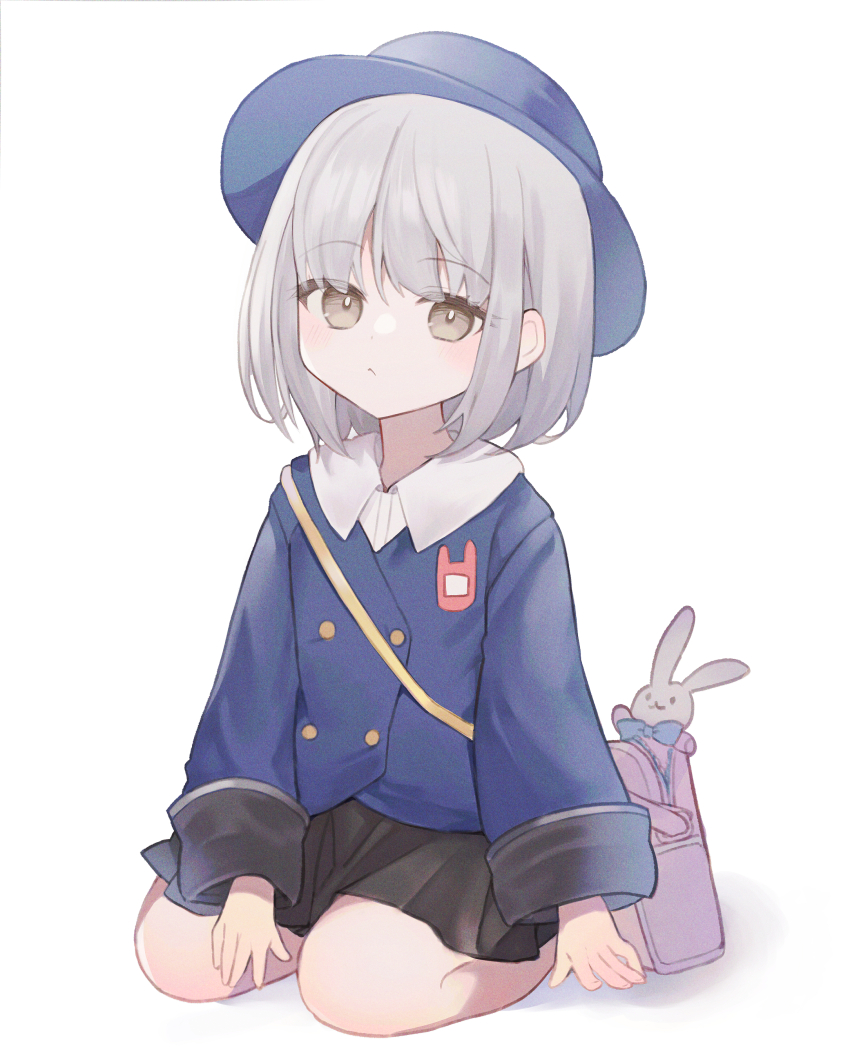 1girl, absurdres, bag, blush, chihiro_(juusan_kihei_bouei_ken), child, grey_hair, hat
