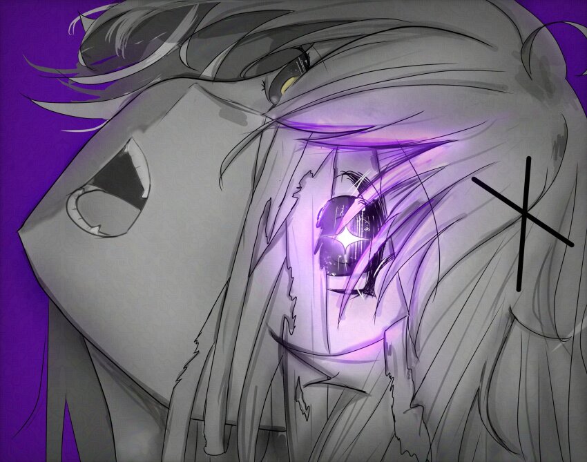 1girl, adversarial_noise, bandages, blue_background, colored_skin, glowing, glowing_eye, grey_hair, grey_skin, hair_ornament, highres, no._21:_xxi_(pgr), no._21_(pgr), open_mouth, punishing:_gray_raven, sanx7, solo, symbol-shaped_pupils, x_hair_ornament, yellow_pupils