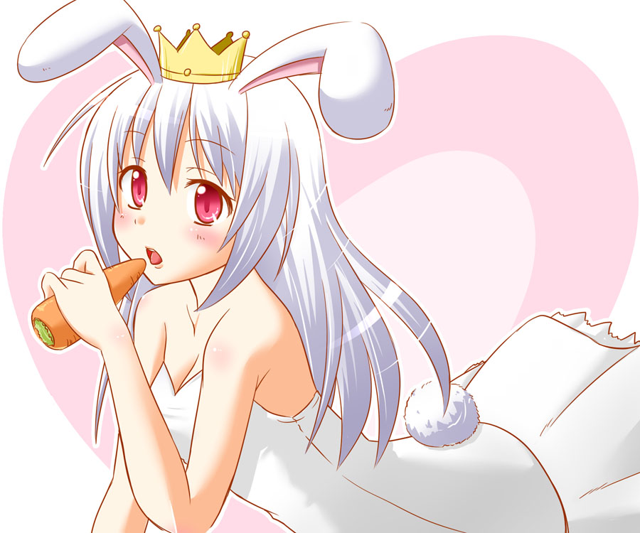ac_japan, aisatsu_no_mahou, animal_ears, arigato_usagi, bare_shoulders, carrot, crown, kashii_yutaka, long_hair, personification, pink_eyes, rabbit_ears, rabbit_tail, sexually_suggestive, solo, tail, tutu, white_hair