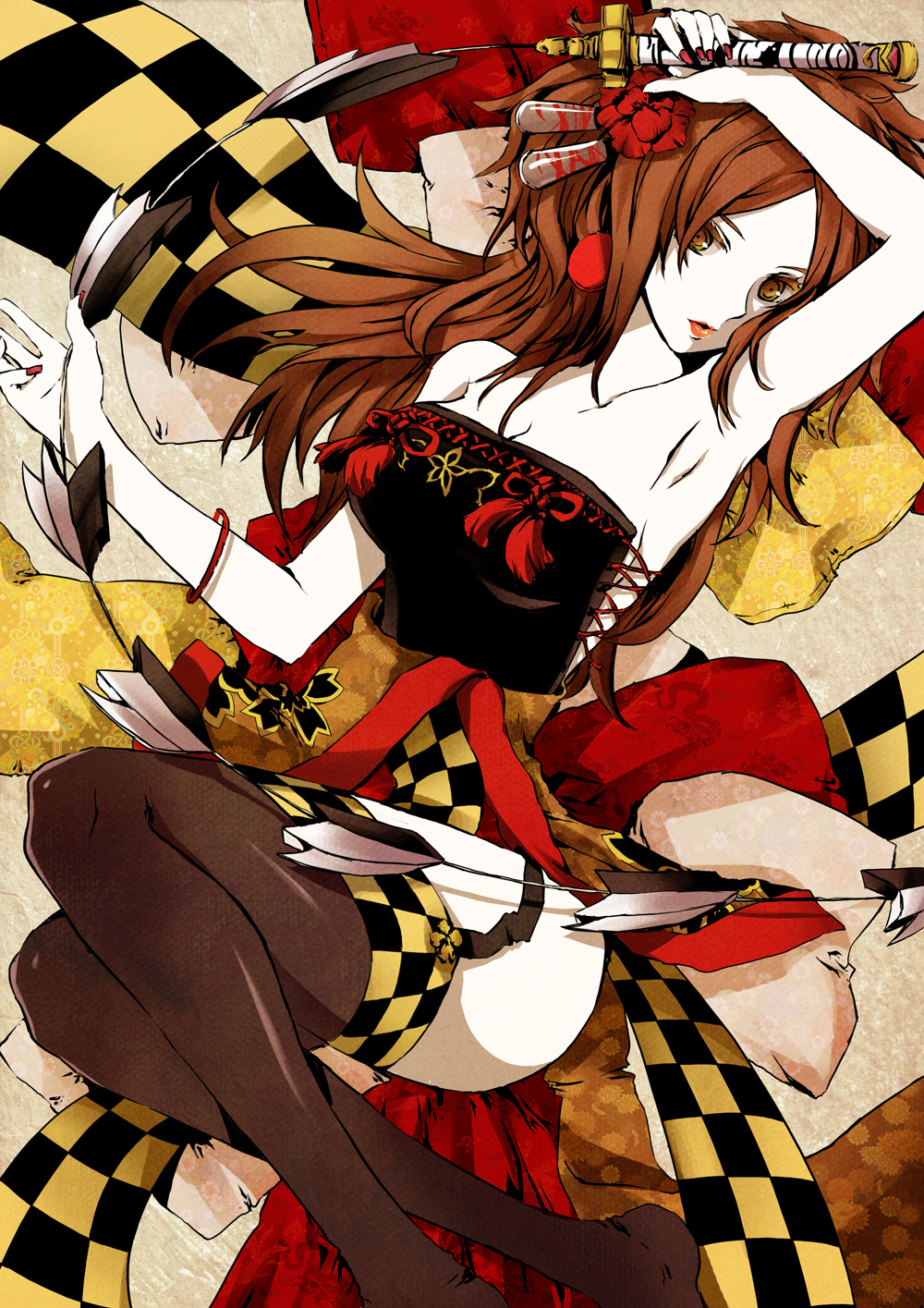 1girl, amksr417, arm_up, armpits, bare_shoulders, black_thighhighs, bracelet, breasts