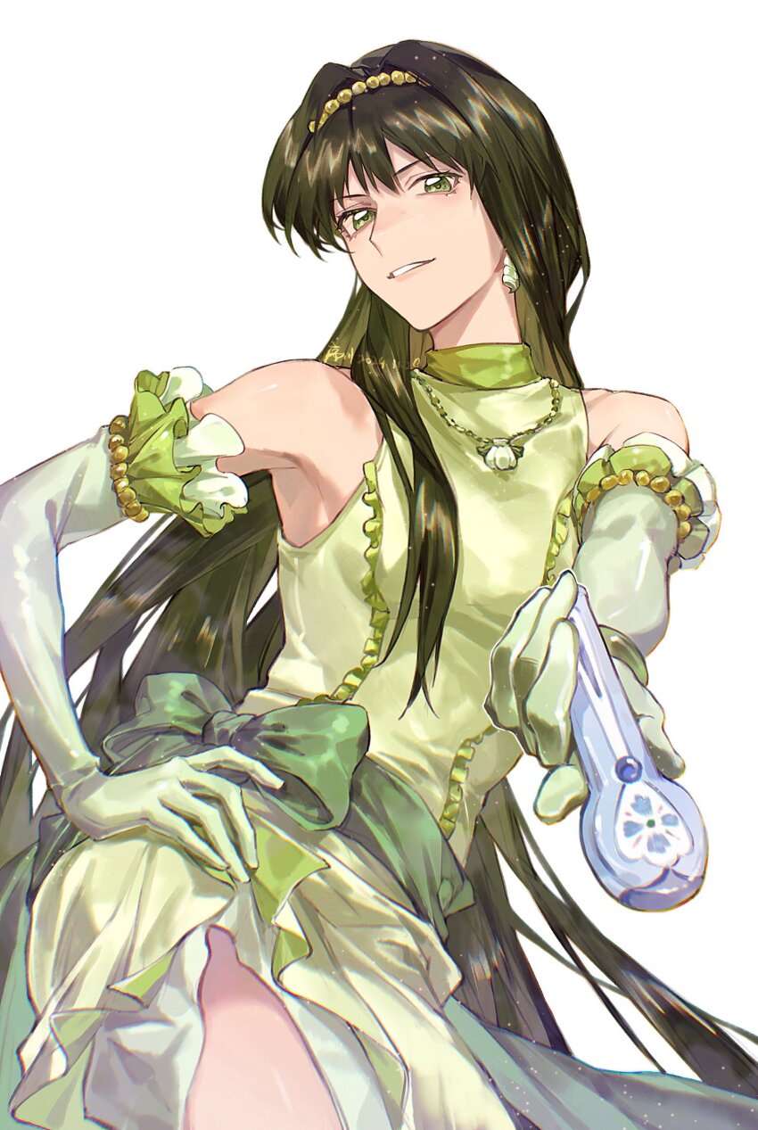 1girl, commentary, dress, earrings, elbow_gloves, gloves, green_dress, green_eyes
