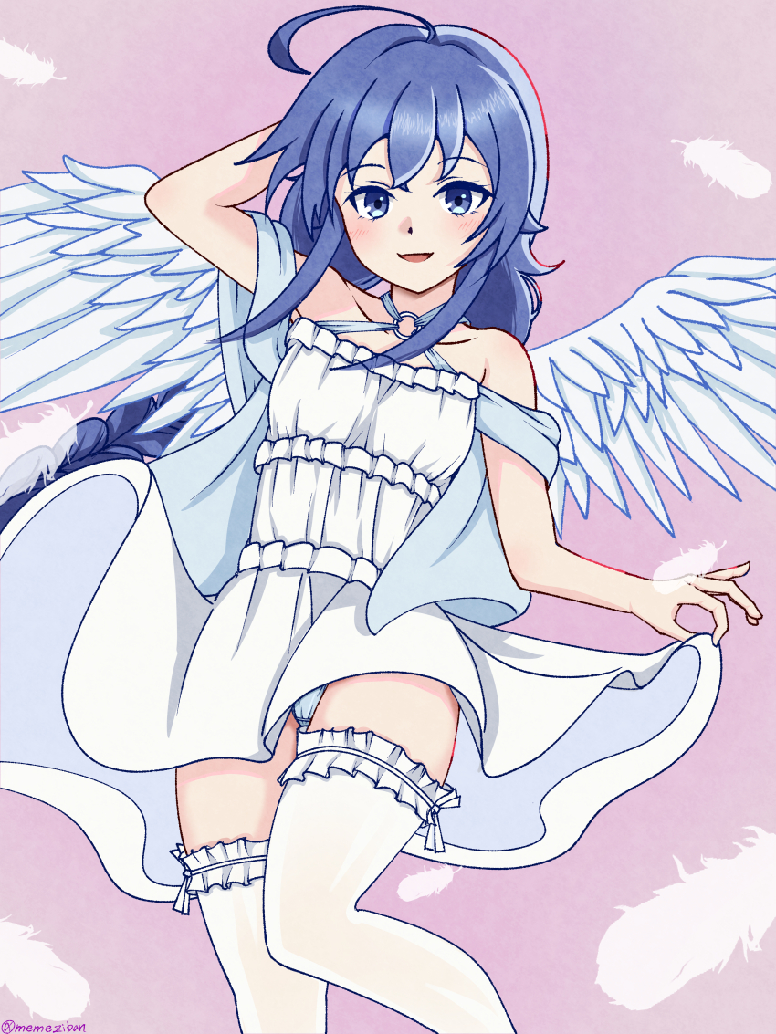 1girl, absurdres, ahoge, angel_wings, arm_behind_head, blue_hair, blue_panties, blush