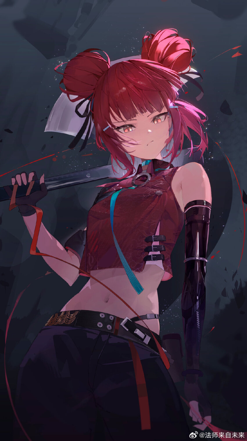 1girl, asymmetrical_gloves, axe, black_pants, black_ribbon, chinese_clothes, chinese_commentary, closed_mouth