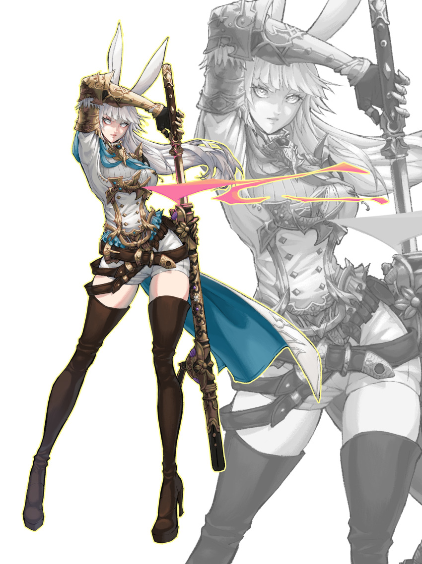 1girl, absurdres, animal_ears, boots, breasts, brown_footwear, closed_mouth, eyebrows_hidden_by_hair, final_fantasy, final_fantasy_xiv, full_body, gauntlets, high_heels, highres, hwanzx, jacket, large_breasts, long_hair, looking_at_viewer, multiple_views, rabbit_ears, scabbard, sheath, shorts, simple_background, stiletto_heels, sweater, thigh_boots, unsheathing, viera, warrior_of_light_(ff14), white_background, white_eyes, white_hair, white_jacket, white_shorts, white_sweater