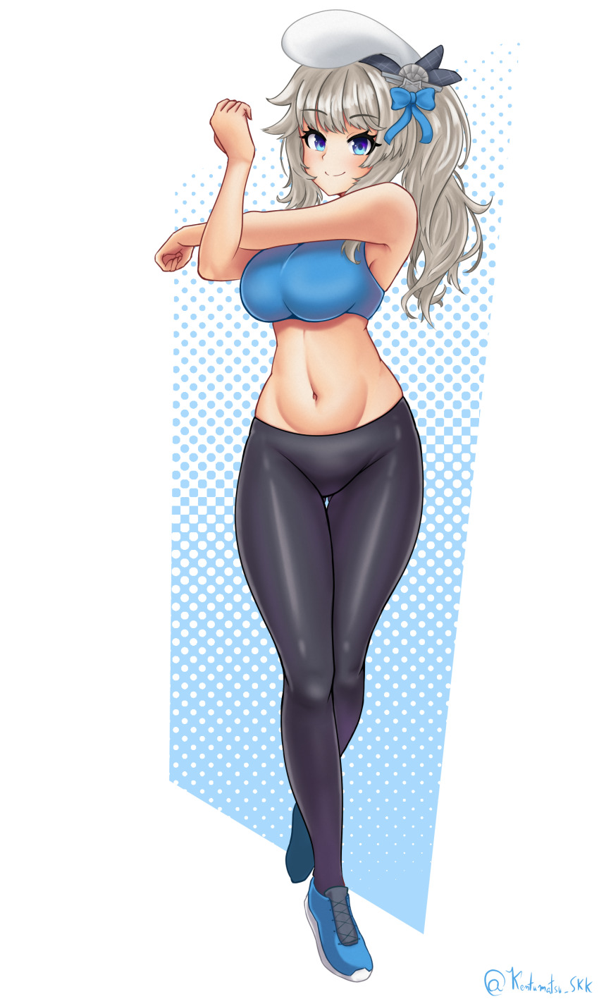 1girl, absurdres, beret, black_pants, blue_bow, blue_eyes, blue_sports_bra, bow