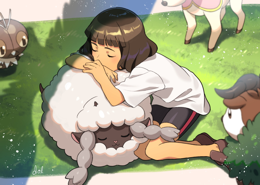 1boy, black_shorts, brown_footwear, brown_hair, closed_eyes, crossover, deerling, deerling_(spring), dolustoy, gen_5_pokemon, gen_6_pokemon, gen_8_pokemon, grass, highres, inazuma_eleven_(series), inazuma_eleven_ares_no_tenbin, long_hair, male_focus, michinari_tatsumi, nintendo, on_ground, pokemon, pokemon_(creature), scatterbug, shadow, shirt, shorts, skiddo, sleeping, sleeping_on_pokemon, white_shirt, wooloo