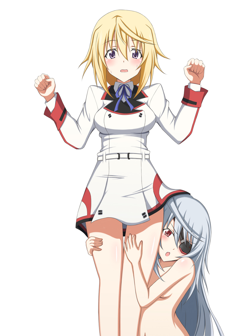 10s, 2girls, bare_shoulders, belt, blonde_hair, blush, charlotte_dunois, eyepatch