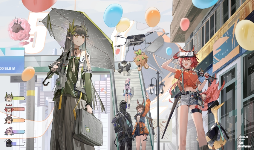 1other, 3boys, 3girls, absurdres, amiya_(arknights), animal_ears, arknights, balloon