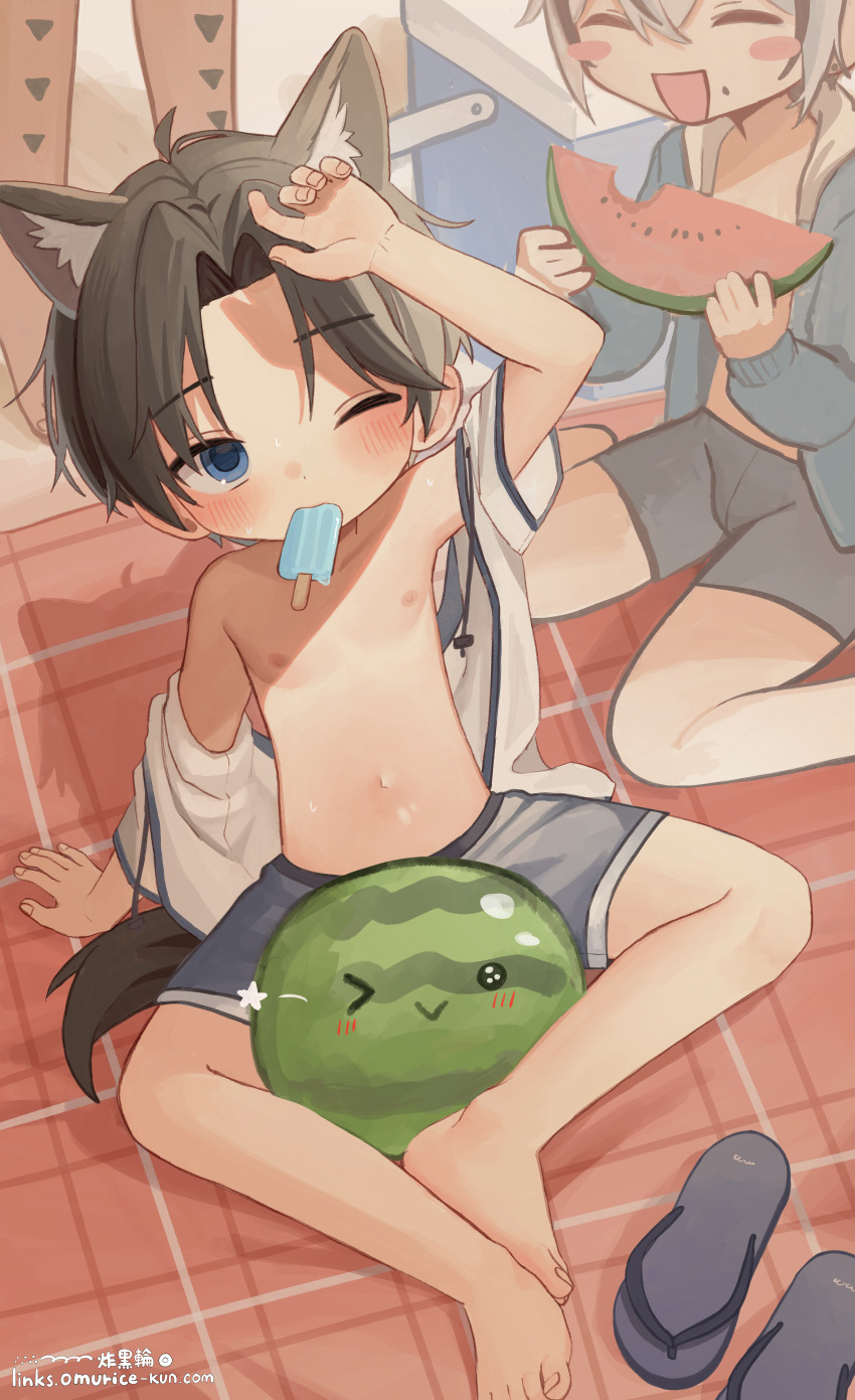 2boys, absurdres, animal_ears, barefoot, black_hair, blue_eyes, blue_jacket, blue_male_underwear
