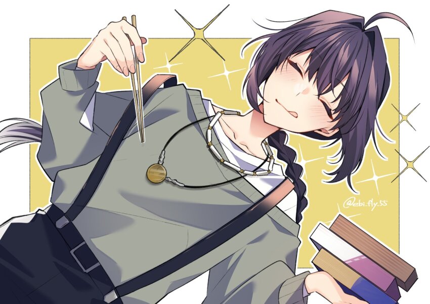 1other, ahoge, amulet, bento, black_hair, black_pants, braces, braid, braided_ponytail, chopsticks, closed_eyes, ebi_fly_55, fate/samurai_remnant, fate_(series), green_sweater, holding, holding_bento, light_blush, long_hair, official_alternate_costume, pants, shirt, sidelocks, solo, sparkle, sweater, tongue, tongue_out, white_background, white_shirt, yamato_takeru_(fate), yamato_takeru_(satellite_station_24-25)_(fate), yellow_background