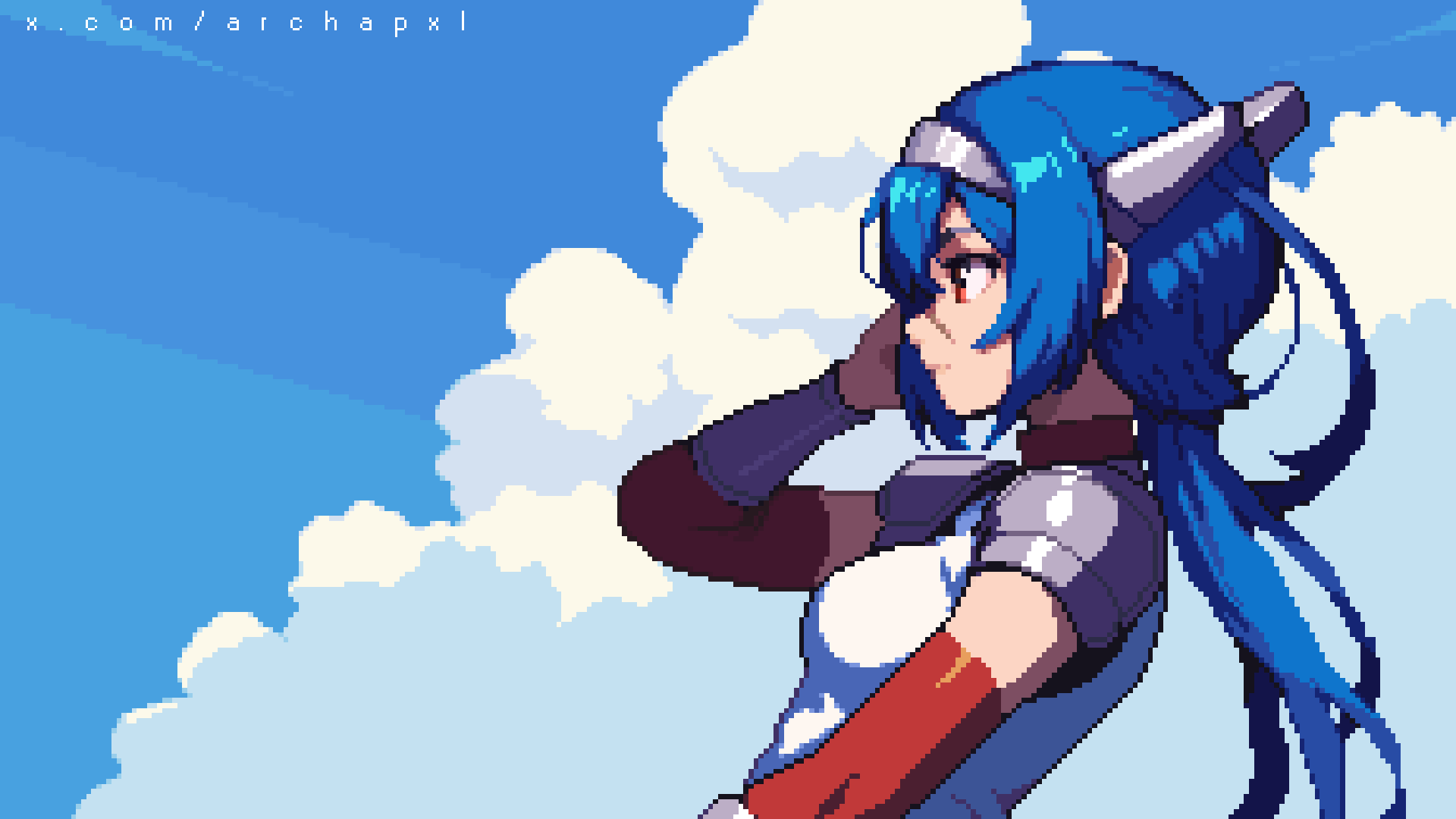 1girl, archapxl, blue_hair, blue_sky, breasts, closed_mouth, cloud, cloudy_sky