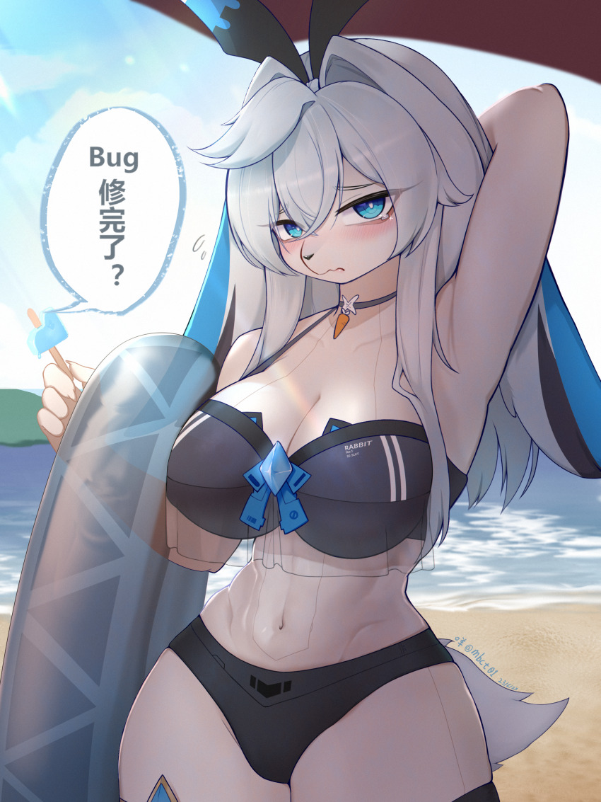 1girl, absurdres, animal_nose, arm_behind_head, arm_up, armpits, artist_name, bare_shoulders, beach, beach_umbrella, bikini, black_bikini, black_choker, black_thighhighs, blue_eyes, blue_gem, blush, bow, bow_bikini, breasts, bright_pupils, chinese_text, choker, cleavage, closed_mouth, colored_skin, crossed_bangs, dated, day, embarrassed, english_text, female_focus, flying_sweatdrops, food, furrification, furry, furry_female, gem, grey_hair, hair_between_eyes, hair_intakes, half-closed_eyes, hand_up, highres, holding, holding_food, holding_popsicle, holding_swim_ring, honkai_(series), honkai_impact_3rd, innertube, joints, large_breasts, light_rays, long_hair, looking_at_viewer, mbct01, mixed-language_text, navel, nervous, outdoors, popsicle, project_bunny, rabbit_girl, rabbit_tail, raised_eyebrows, robot_joints, see-through_clothes, short_tail, shy, sidelocks, signature, solo, speech_bubble, stomach, sunlight, swim_ring, swimsuit, tail, talking, tears, thick_thighs, thighhighs, thighs, toned, toned_female, translation_request, transparent, umbrella, wavy_mouth, white_pupils, white_skin, wide_hips