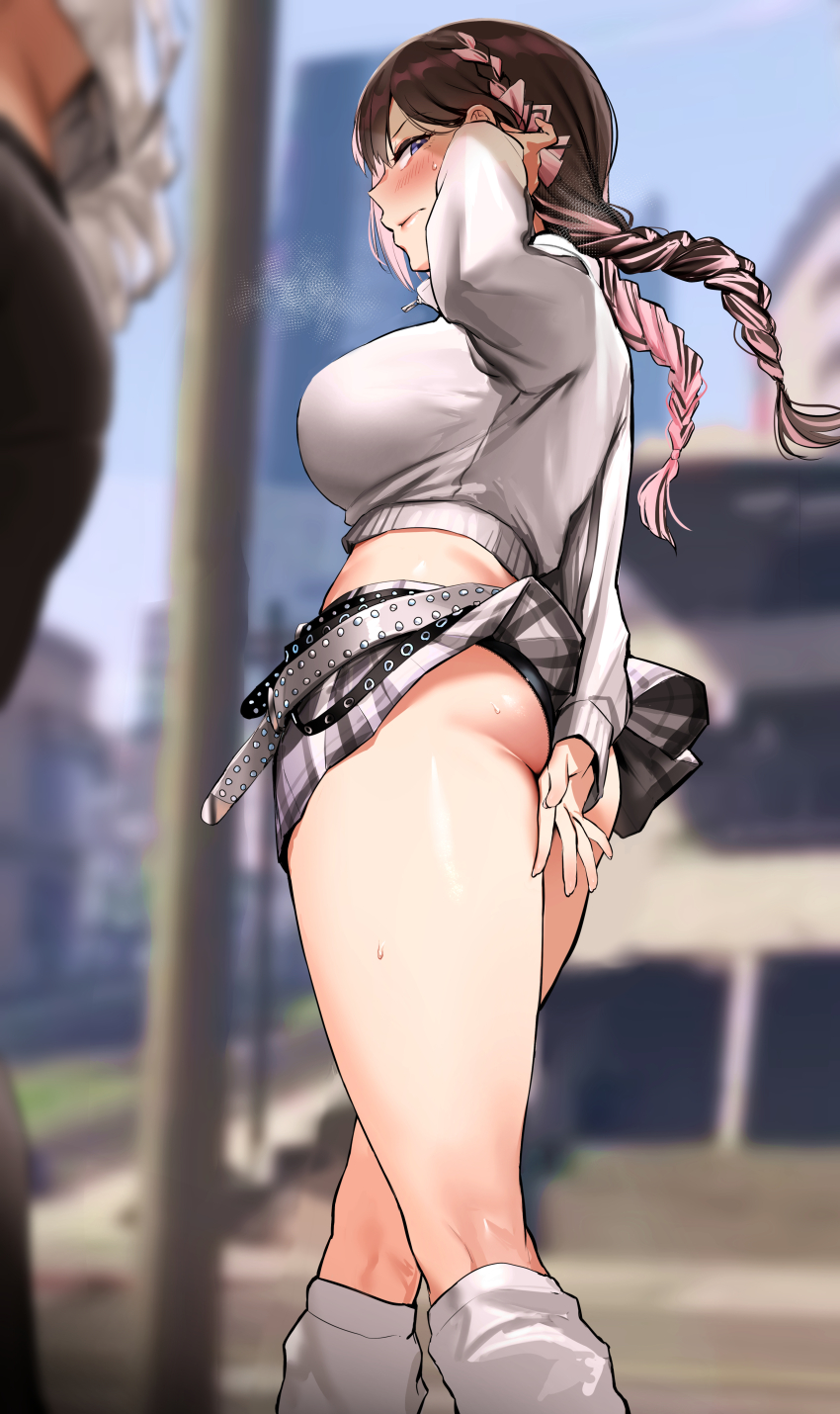 2girls, absurdres, adjusting_hair, ass, black_hair, black_panties, blue_eyes, blurry