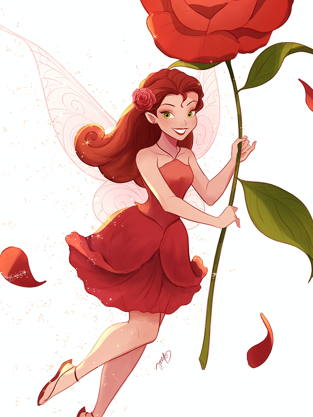 1girl, disney_fairies, disney_fairies_(movie_series), dress, fairy, fairy_wings, flower, green_eyes, grin, hair_flower, hair_ornament, highres, holding, holding_flower, long_hair, looking_at_viewer, melchencanto, mini_person, minigirl, petals, pointy_ears, red_dress, red_flower, red_hair, red_petals, red_rose, red_sandals, rose, rosetta_(disney), sandals, signature, simple_background, sleeveless, sleeveless_dress, smile, solo, white_background, wings