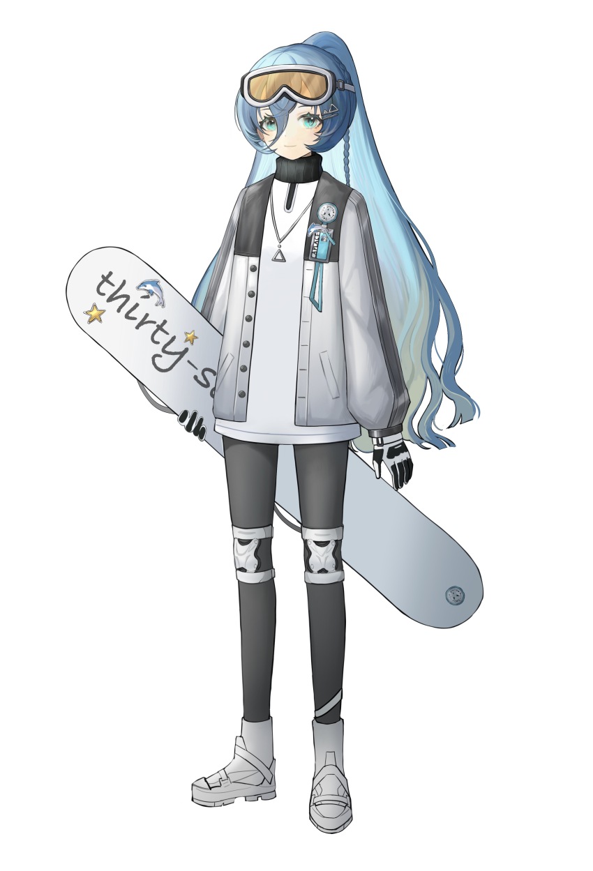 1girl, 37_(reverse:1999), absurdres, alternate_costume, aqua_eyes, black_gloves, black_leggings, blue_hair