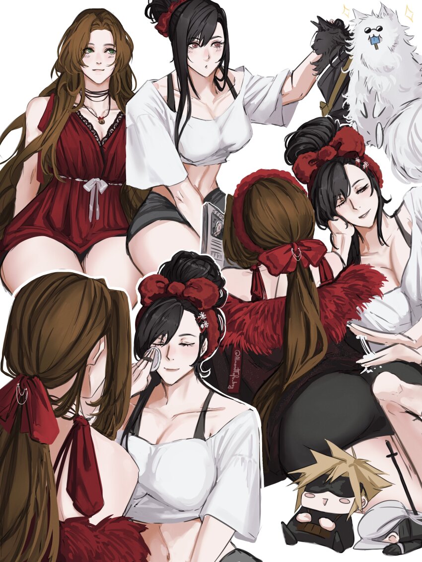 2girls, 4boys, absurdres, aerith_gainsborough, almondtofu_boy, alternate_costume, animalization, applying_makeup