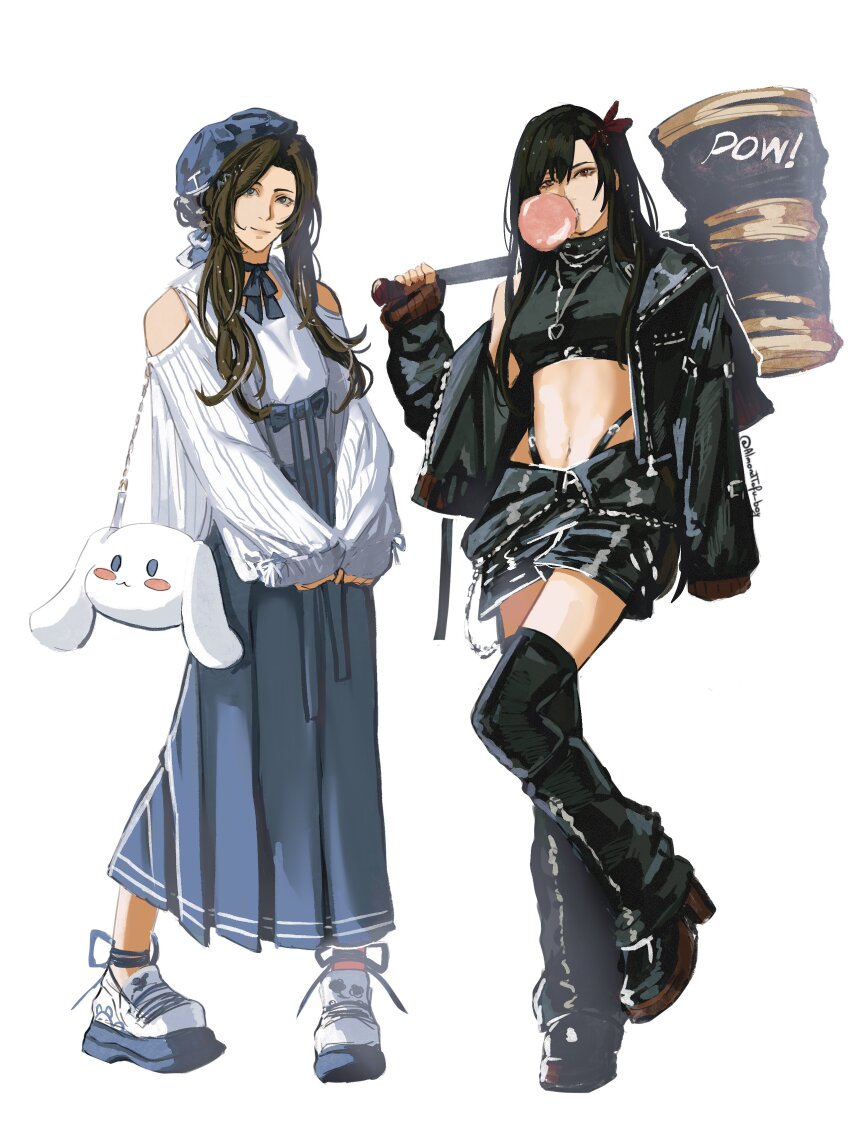 2girls, absurdres, aerith_gainsborough, almondtofu_boy, alternate_costume, bare_shoulders, black_hair, black_jacket