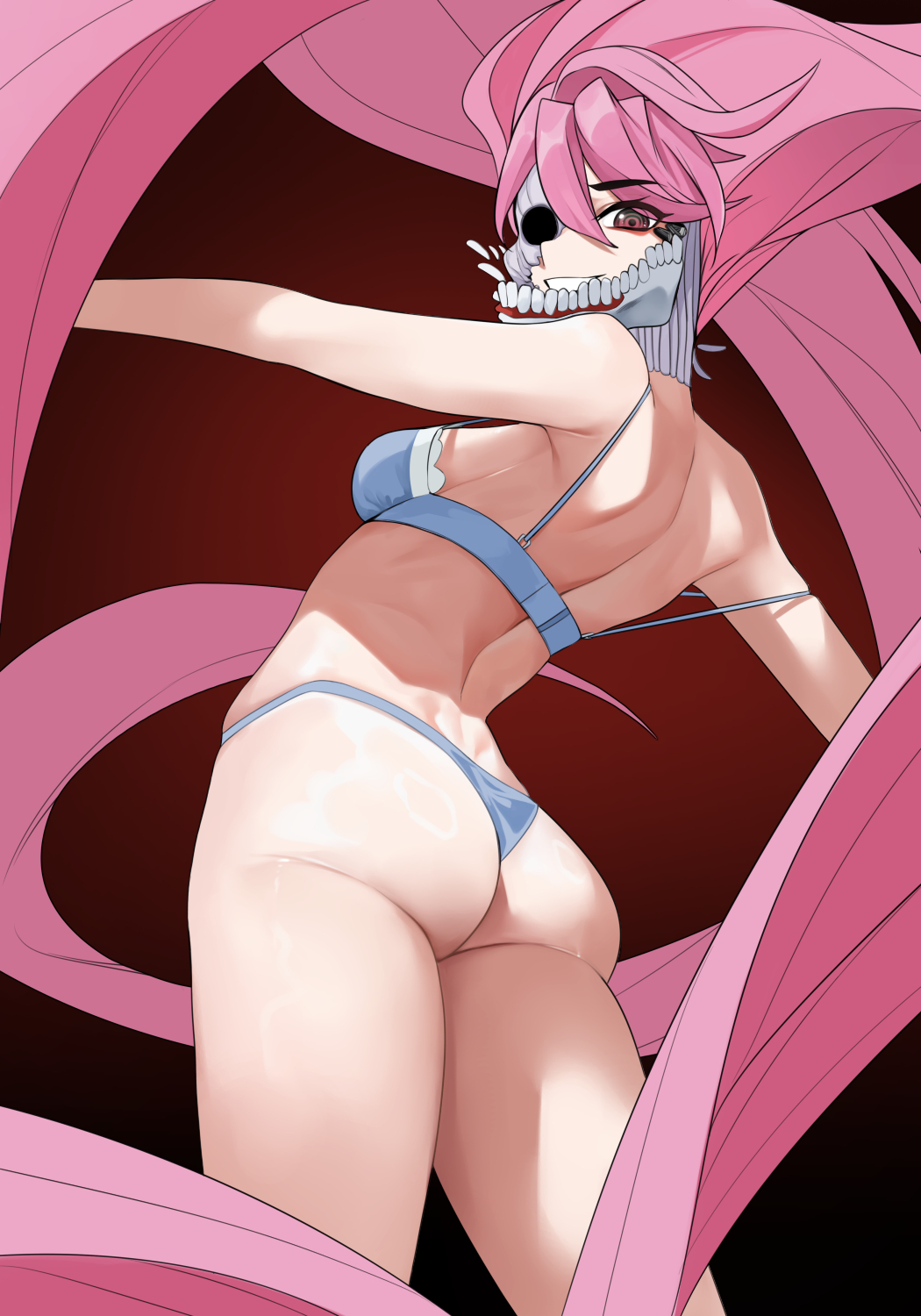 1girl, absurdly_long_hair, ass, back, bare_shoulders, blue_bra, blue_panties, bra, breasts, cowboy_shot, dandadan, from_behind, highres, long_hair, looking_at_viewer, looking_back, medium_breasts, noir_(4chan), panties, pink_hair, shiratori_aira_(dandadan), simple_background, smile, solo, standing, thighs, underwear, underwear_only, very_long_hair