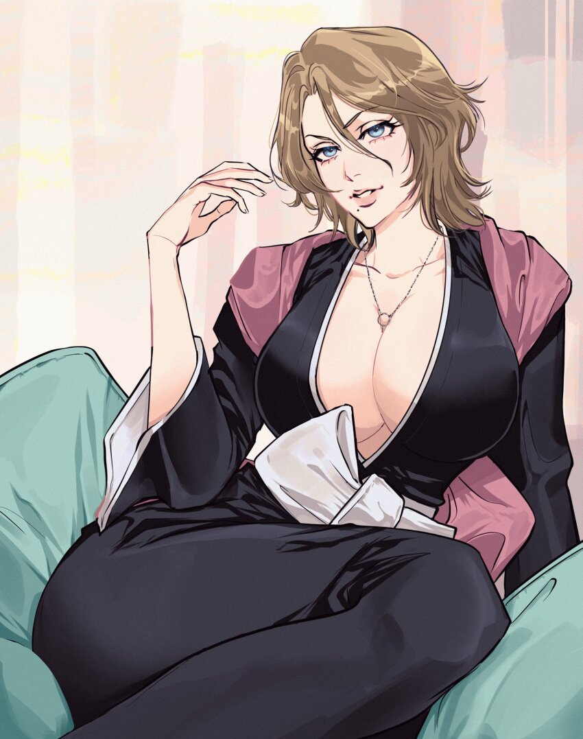 1girl, black_kimono, bleach, bleach:_sennen_kessen-hen, blue_eyes, breasts, brown_hair, cleavage, highres, japanese_clothes, jewelry, kimono, large_breasts, matsumoto_rangiku, mole, mole_under_mouth, necklace, pink_shawl, shawl, shinigami, short_hair, sitting, solo, viii_00908