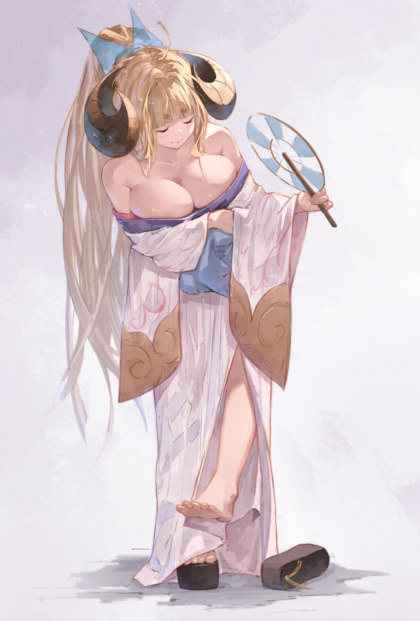 1girl, absurdres, ahoge, anila_(granblue_fantasy), anila_(yukata)_(granblue_fantasy), bare_shoulders, blonde_hair, blunt_bangs