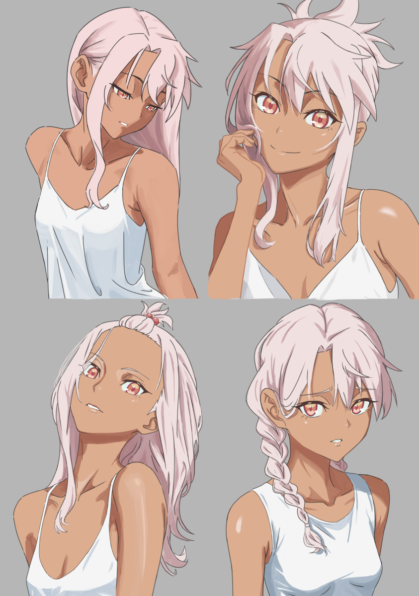 19_chisinlo, 1girl, aged_up, alternate_hairstyle, arm_up, bangs_pinned_back, braid, breasts, chloe_von_einzbern, collarbone, dark-skinned_female, dark_skin, fate/grand_order, fate/kaleid_liner_prisma_illya, fate_(series), folded_ponytail, forehead, hair_bobbles, hair_down, hair_ornament, head_tilt, highres, looking_at_viewer, multiple_views, orange_eyes, parted_bangs, parted_lips, simple_background, small_breasts, smile, spaghetti_strap, tan, tank_top, twin_braids, type-moon, white_tank_top, wispy_bangs