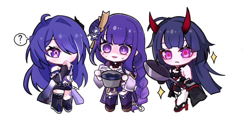 3girls, :d, acheron_(honkai:_star_rail), bare_shoulders, black_dress, black_footwear, black_gloves, black_shorts, blush, cooking_pot, dress, frying_pan, genshin_impact, gloves, hair_over_one_eye, heart, high_heels, holding, holding_cooking_pot, holding_frying_pan, honkai:_star_rail, honkai_(series), honkai_impact_3rd, horns, long_hair, mihoyo, mole, mole_under_eye, multiple_girls, open_mouth, pantyhose, purple_eyes, purple_hair, purple_thighhighs, raiden_mei, raiden_mei_(herrscher_of_thunder), raiden_shogun, saewon, sawashiro_miyuki, short_shorts, shorts, simple_background, smile, spoken_heart, thighhighs, very_long_hair, voice_actor_connection, white_background, white_pantyhose