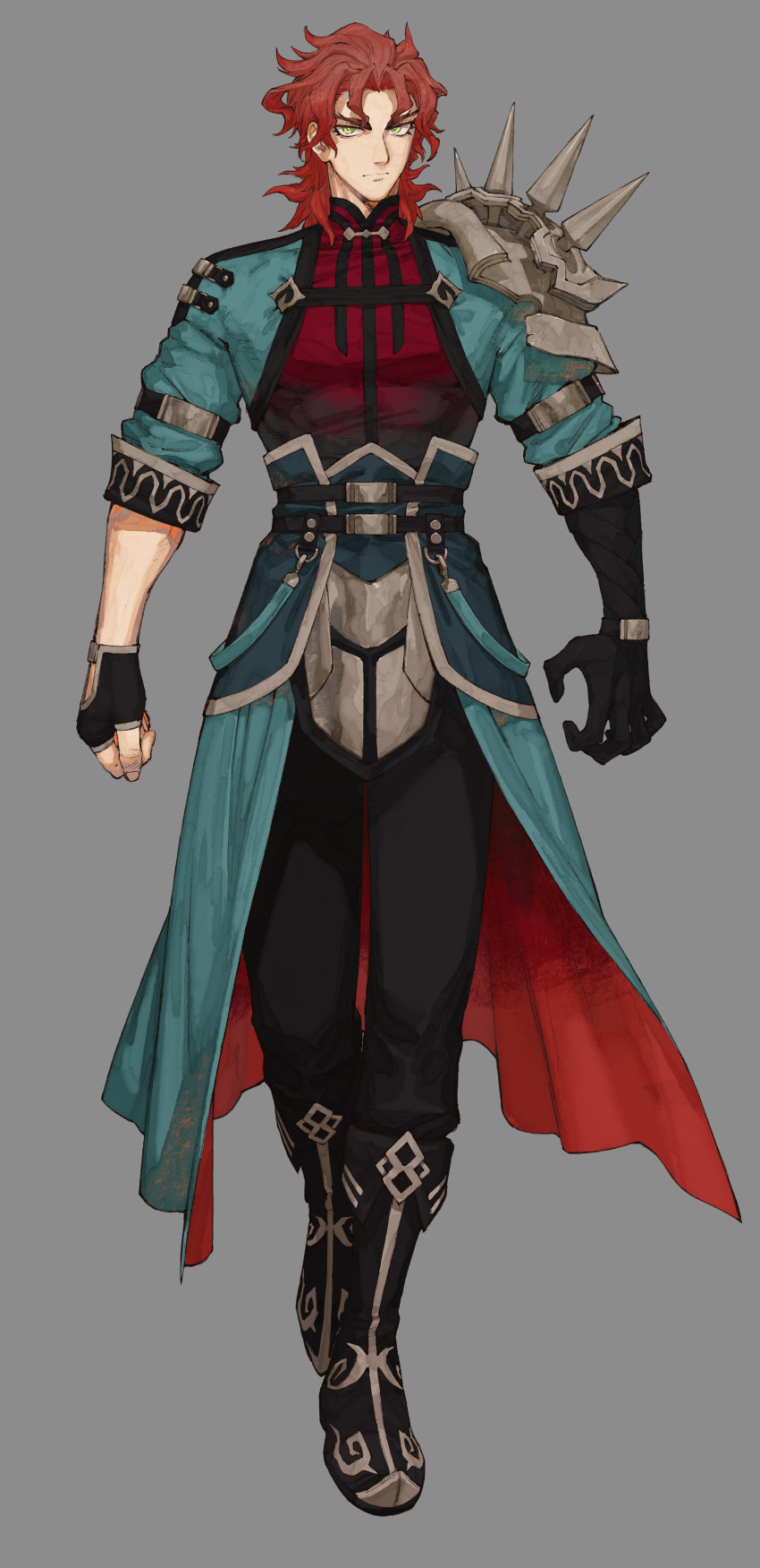 1boy, absurdres, armor, asymmetrical_gloves, belt, black_boots, black_gloves, boots, cape, chinese_clothes, elbow_gloves, fate/samurai_remnant, fate_(series), fingerless_gloves, forked_eyebrows, full_body, gloves, green_cape, green_eyes, green_jacket, grey_background, highres, jacket, looking_at_viewer, male_focus, mandarin_collar, medium_hair, official_art, pauldrons, protected_link, red_cape, red_hair, red_shirt, romance_of_the_three_kingdoms, sash, second-party_source, shin_sangoku_musou, shirt, shoulder_armor, simple_background, single_elbow_glove, single_fingerless_glove, single_pauldron, solo, spiked_pauldrons, standing, tachi-e, two-sided_cape, two-sided_fabric, waist_cape, wataru_rei, wavy_hair, zhao_yun, zhao_yun_(fate)