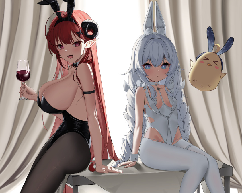 2girls, animal_ears, arm_strap, azur_lane, black_horns, black_pantyhose, blush, braid